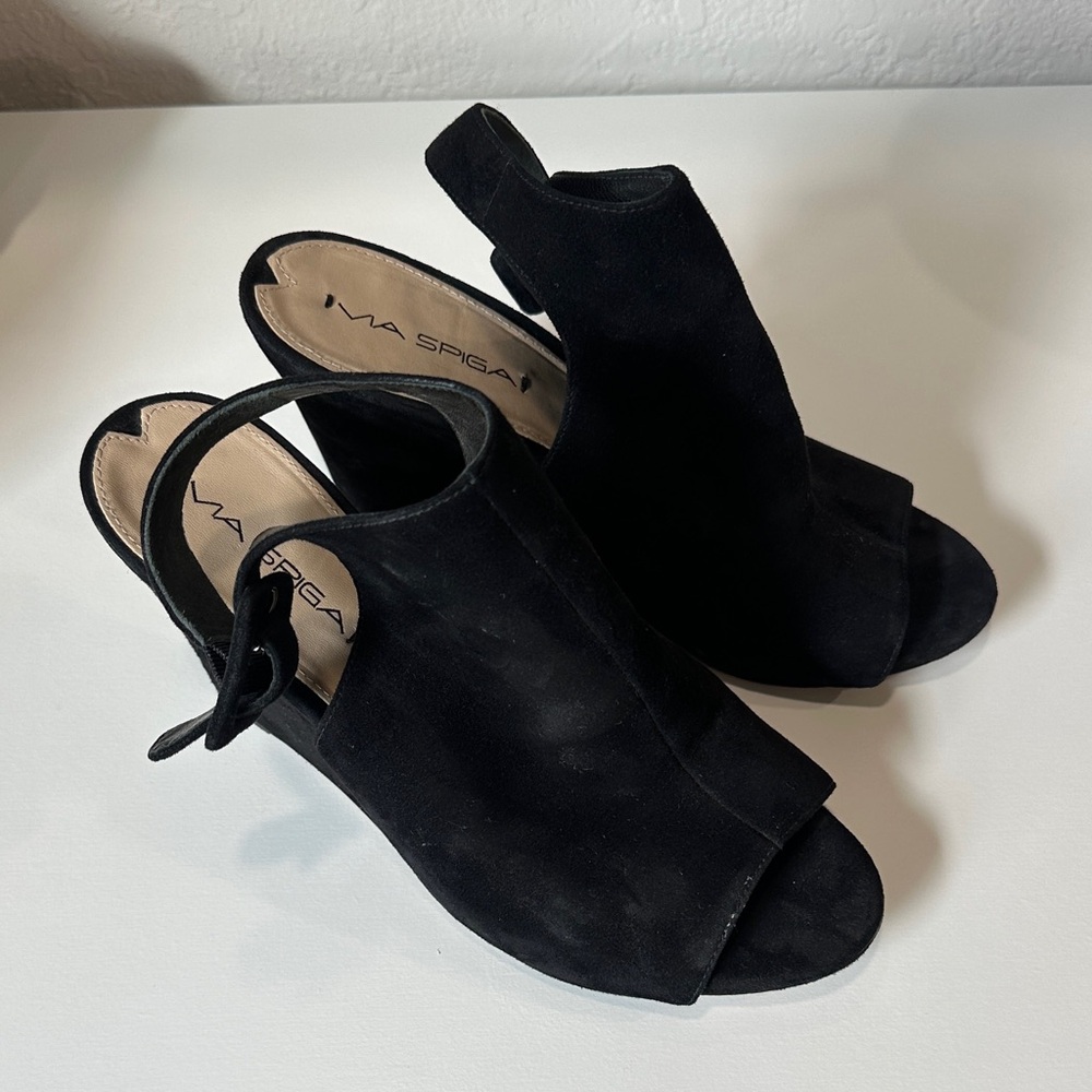 Via Spiga Black Peep-Toe Suede Heels